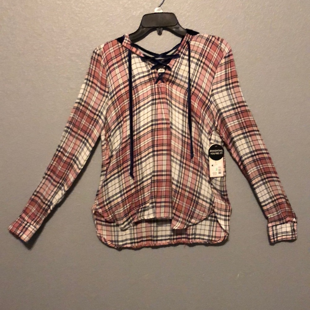 Plaid lace up shirt with hoodie